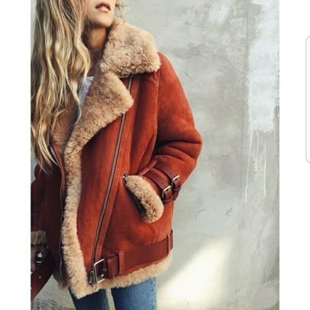 Sherpa vegan suede aviator style coat